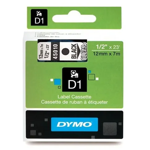 Dymo Black On Clear D1 Adhesive Labelling Tape 12mm x 7m (45010)