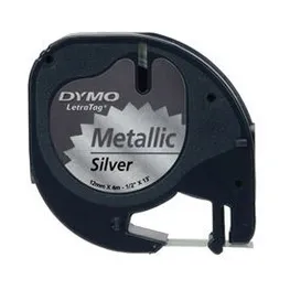 Dymo 91208 Black On Metallic Silver LetraTag Adhesive Label Plastic Tape 12mm x 4m (S0721730)