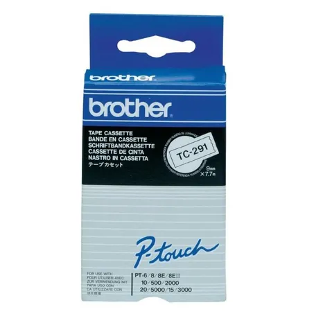 Brother TC-291 Black On White P-Touch Adhesive Labelling Tape 9mm x 7.7m