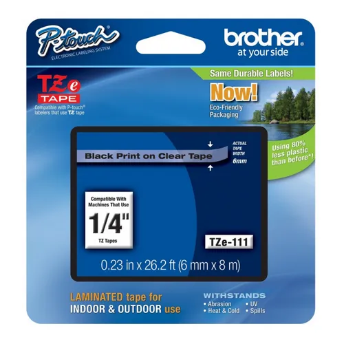 Brother TZe-111 Black On Clear Laminated P-Touch Adhesive Labelling Tape 6mm x 8m