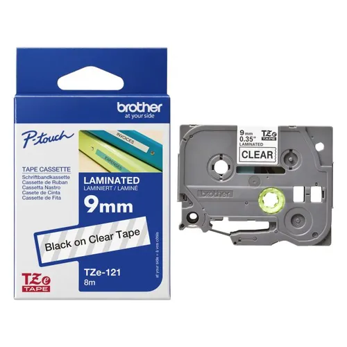 Brother TZe-121 Black On Clear Laminated P-Touch Adhesive Labelling Tape 9mm x 8m