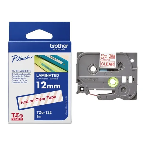 Brother TZe-132 Red On Clear Laminated P-Touch Adhesive Labelling Tape 12mm x 8m