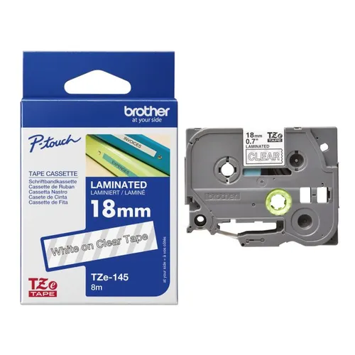 Brother TZe-145 White On Clear Laminated P-Touch Adhesive Labelling Tape 18mm x 8m