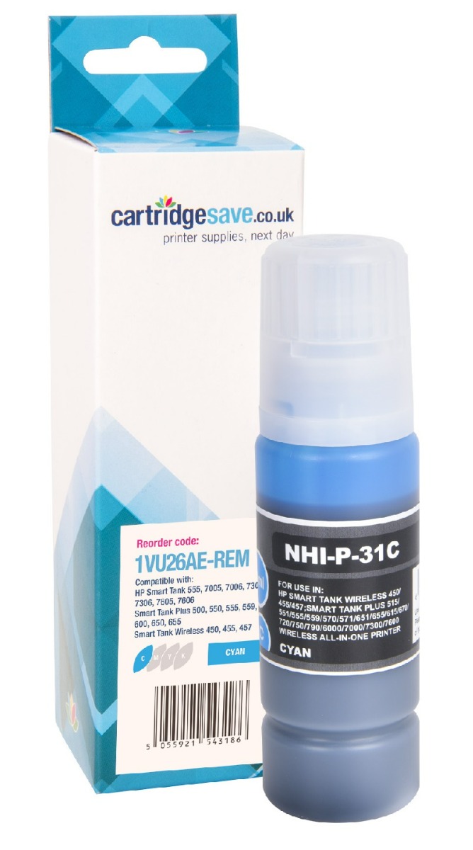 Compatible HP 31 Cyan Ink Bottle - (1VU26AE)