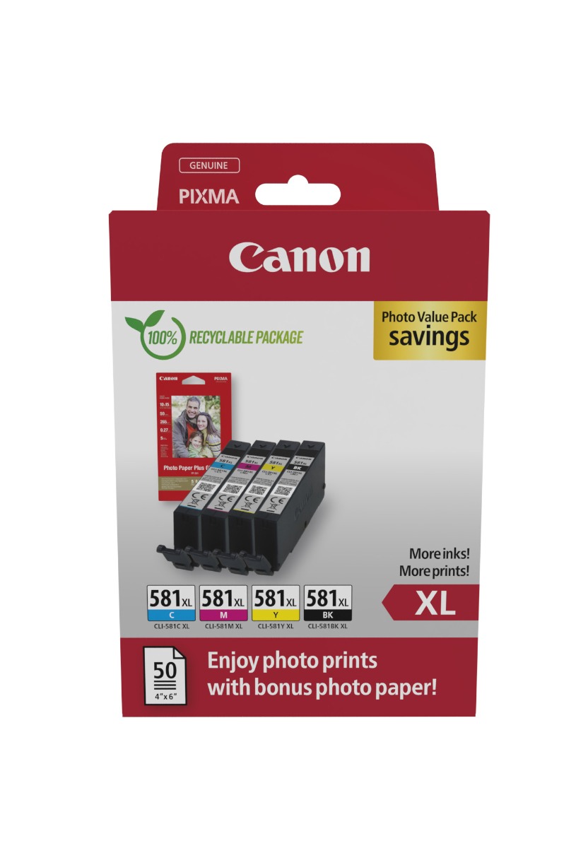 Canon CLI-581XL High Capacity 4 Colour Ink Cartridge & Photo Paper Multipack (2052C006)