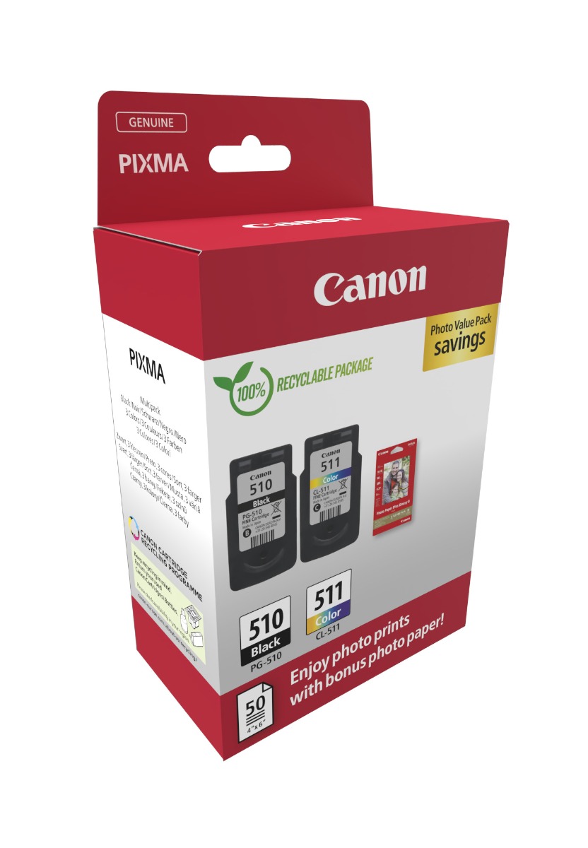 Canon PG-510/CL-511 Black & Colour Ink Cartridge & Photo Paper Multipack (2970B017)