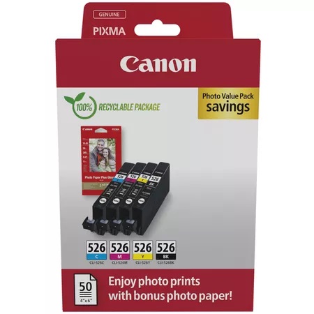 Canon CLI-526 4 Colour Ink Cartridge Multipack / 50 Sheets 4x6 photo paper - (4540B017)