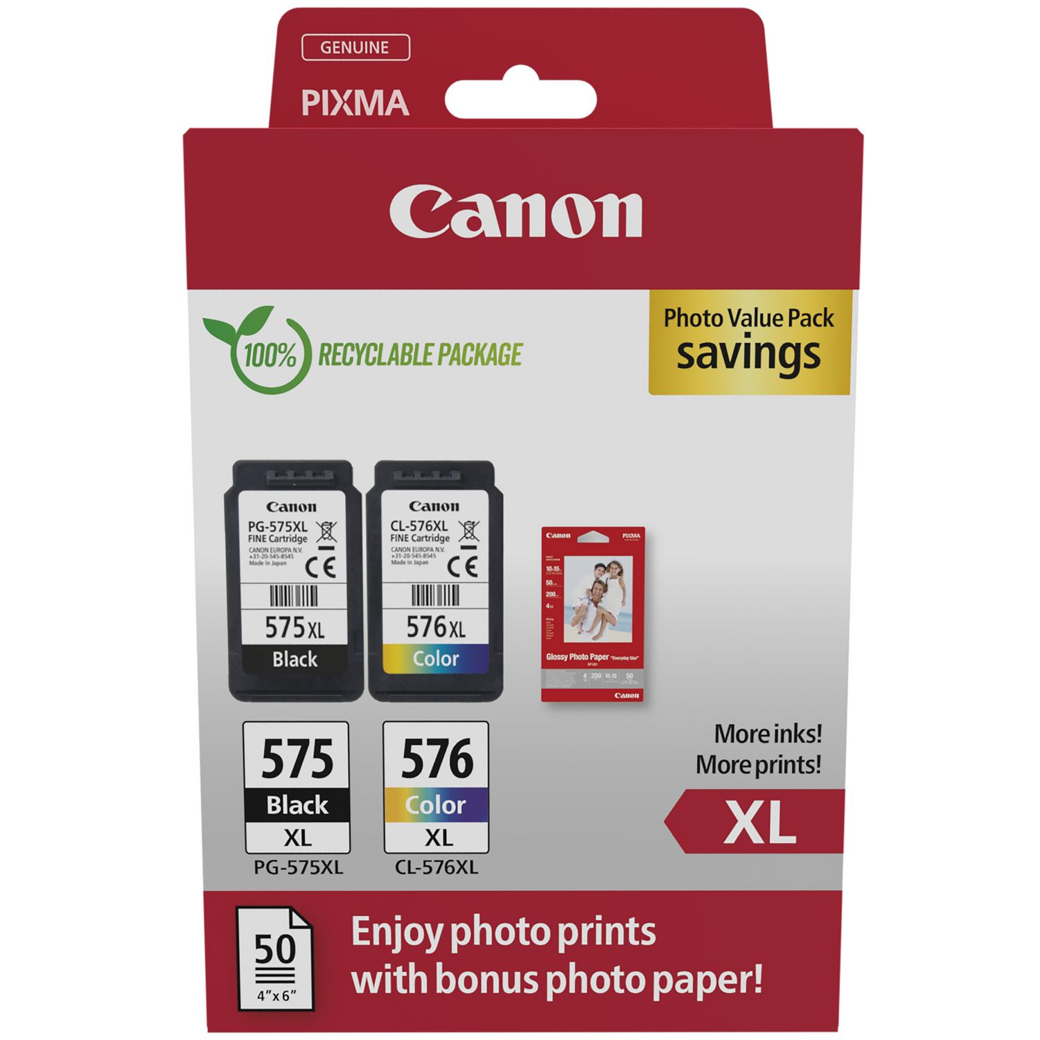 Canon PG-575XL/CL-576XL High Capacity Black & Tri-Colour Ink Cartridge & Photo Paper Multipack -  (5437C006)