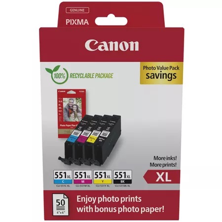 Canon CLI-551XL 4 Colour Ink Cartridge Multipack with Photo Paper - (6443B006)