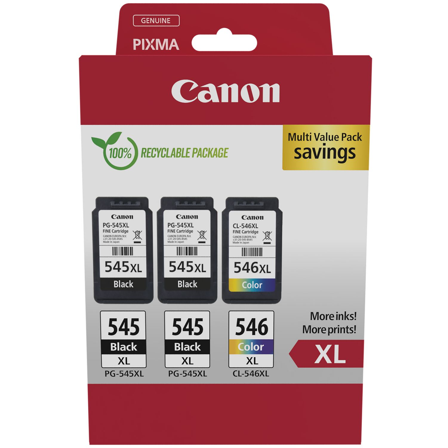 Canon PG-545XL/CL-546XL High Capacity 2 x Black & 1 x Tri-Colour Ink Cartridge Multipack - (8286B013)