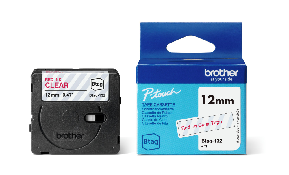 Brother BTAG-132 Red On Clear Laminated P-Touch Adhesive Labelling Tape 12mm x 4m