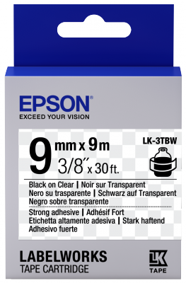 Epson C53S653006 Black on Clear Strong Adhesive Labelling Tape 9mm x 9m - (LK-3TBW)