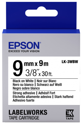 Epson C53S653007 Black on White Strong Adhesive Labelling Tape 9mm x 9m - (LK-3WBW)