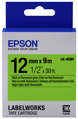 Epson C53S654018 Black on Fluorescent Green Labelling Tape 12mm x 9m - (LK-4GBF)