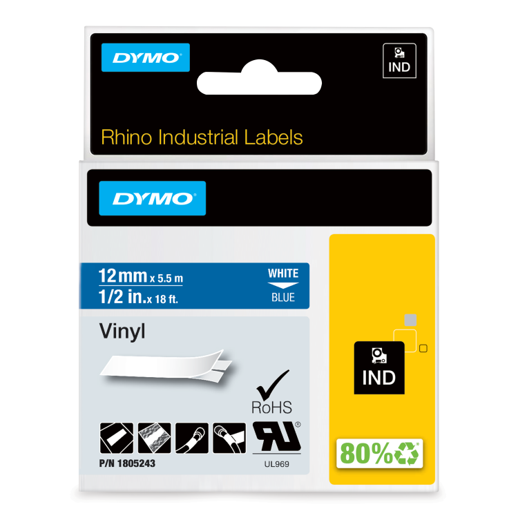 Dymo Rhino 1805243 White on Blue Adhesive Labels 12mm x 5.5m