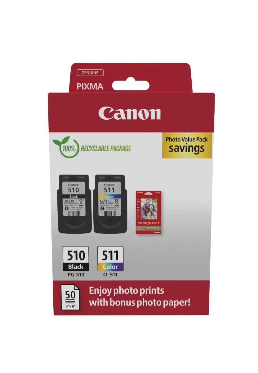 Canon PG-510/CL-511 Black & Colour Ink Cartridge & Photo Paper Multipack (2970B017)