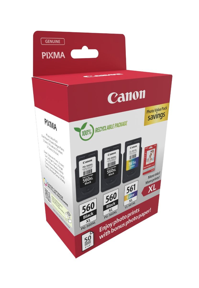 Canon PG-560XL/CL-561XL High Capacity 2 x Black & 1 x Tri-Colour Ink Cartridge & Photo Paper Multipack (3712C012)