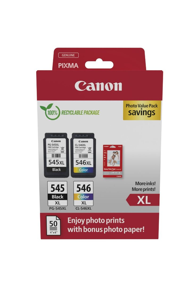 Canon PG-545XL / CL-546XL High Capacity Black & Tri-Colour Ink Multipack / 50 sheets 4x6 photo paper (8286B006)