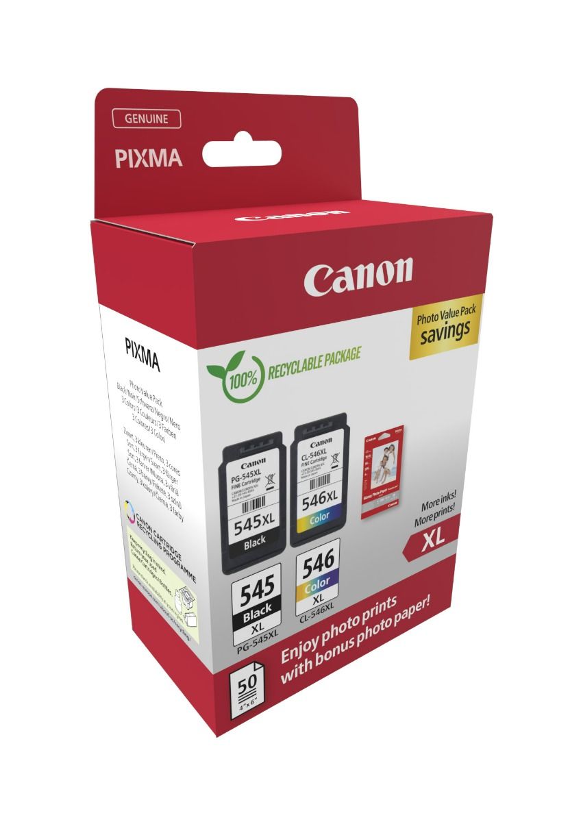 Canon PG-545XL / CL-546XL High Capacity Black & Tri-Colour Ink Multipack / 50 sheets 4x6 photo paper (8286B006)