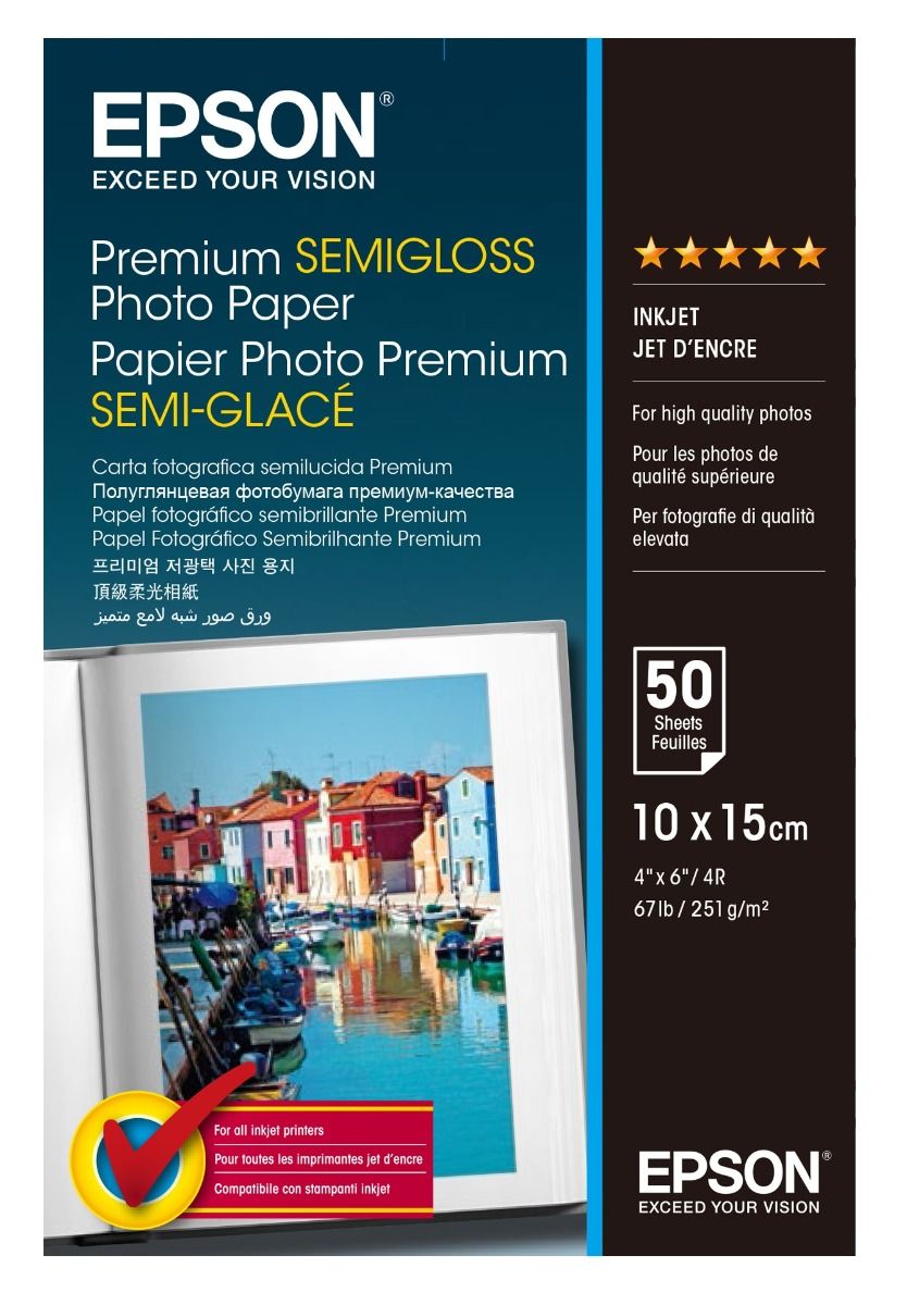 Epson 251gsm 10x15cm Premium Semi Glossy Photo Paper (C13S041765 50 Sheets 6x4in. Inkjet Photo Paper)