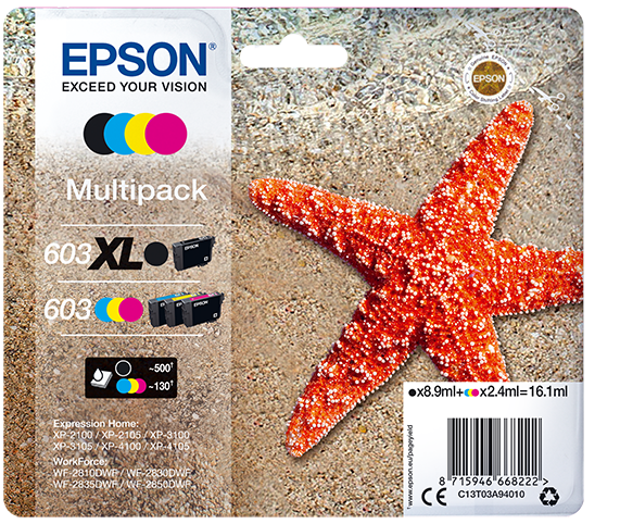 Epson 603 / 603XL High Capacity Black & 3 Standard Capacity Colour Ink Cartridge Multipack - (C13T03A94010)