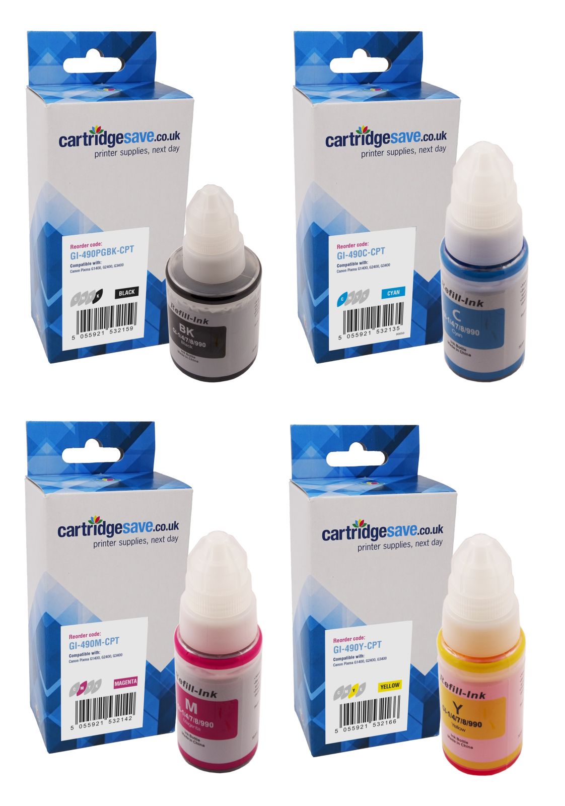 Compatible Canon GI-490 4 Colour Ink Bottle Multipack