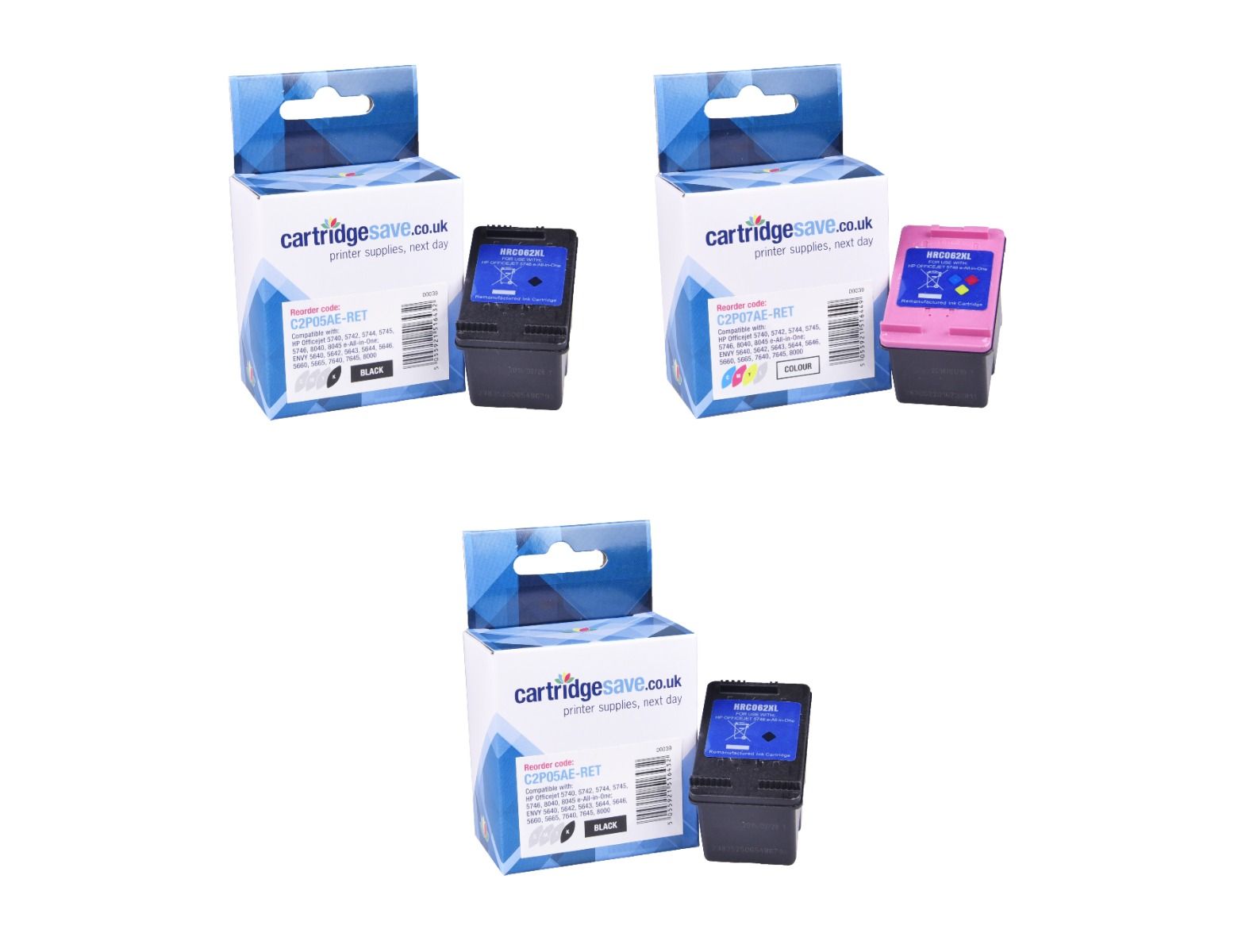 Compatible HP 62XL High Capacity 2 x Black & 1 x Tri-Colour Ink Cartridge Multipack - (2 x C2P05AE & 1 x C2P07AE)