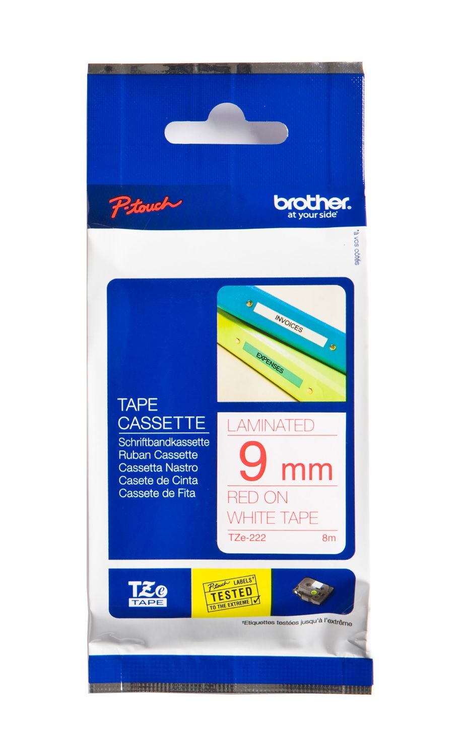 Brother TZe-222 Red On White Laminated P-Touch Adhesive Labelling Tape 9mm x 8m