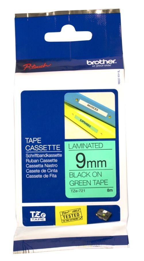 Brother TZe-721 Black On Green Laminated P-Touch Adhesive Labelling Tape 9mm x 8m