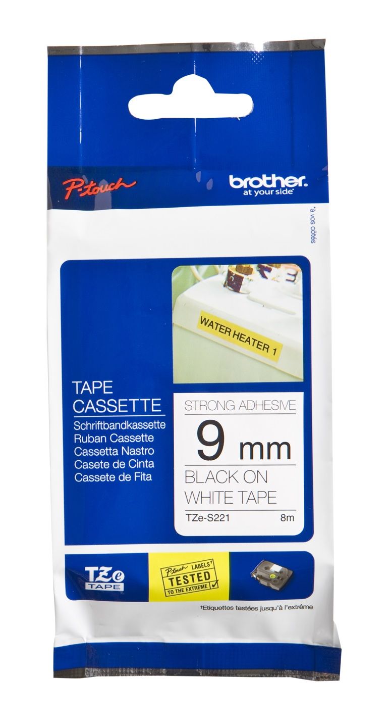 Brother TZe-S221 Black On White Strong Adhesive Laminated P-Touch Labelling Tape 9mm x 8m