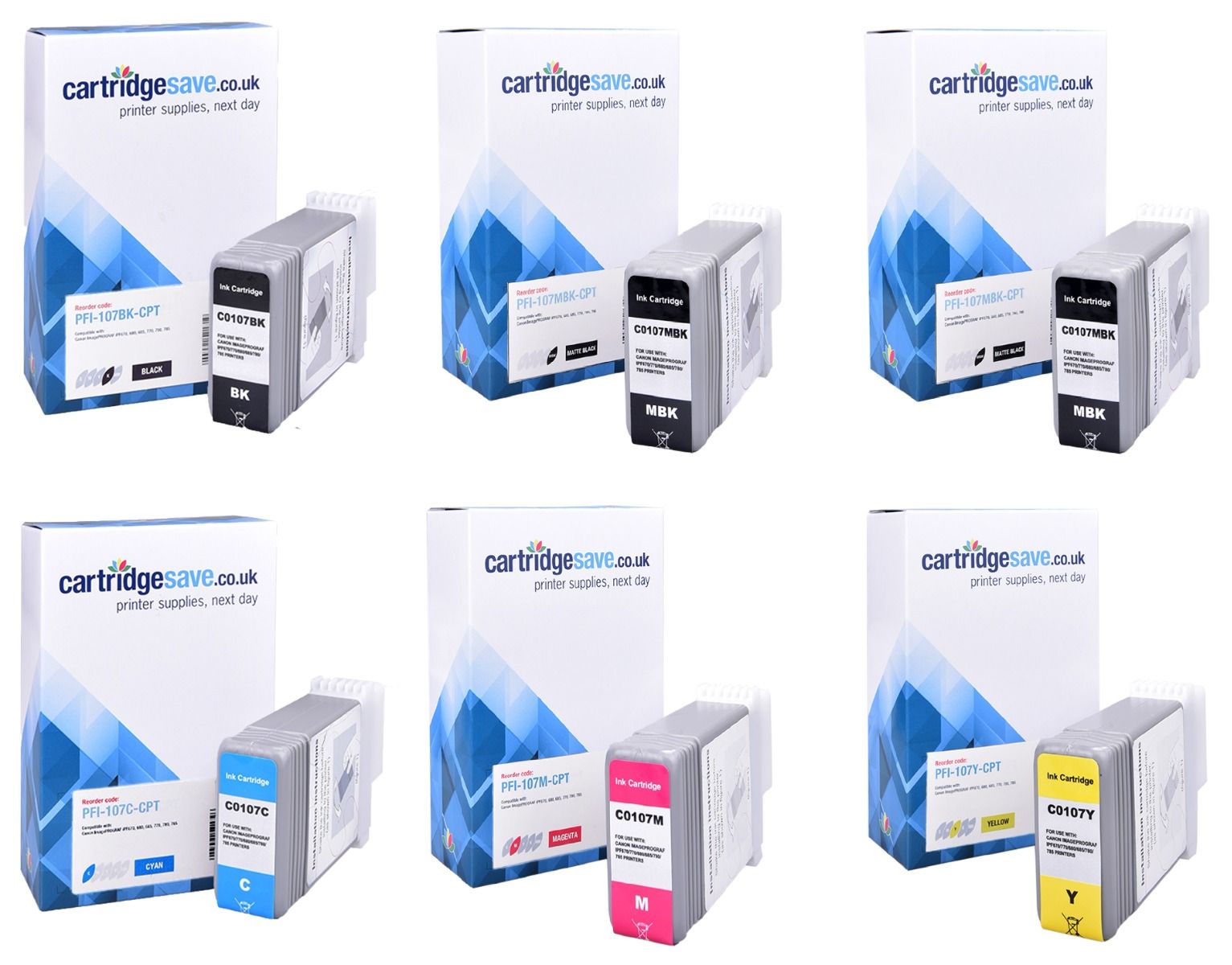 Compatible Canon PFI-107 6 Colour Ink Cartridge Multipack