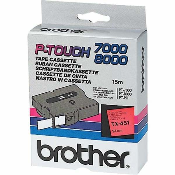 Brother TX-451 Black On Red Laminated P-Touch Adhesive Labelling Tape 24mm x 15m