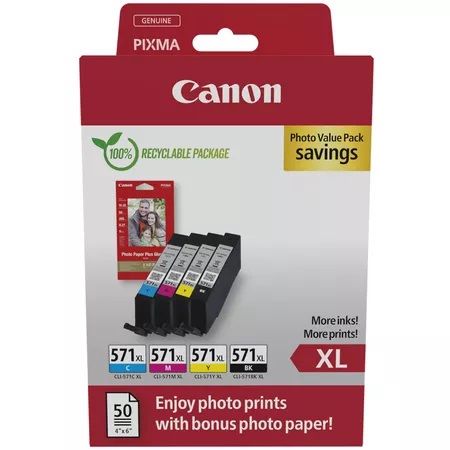 Genuine High Capacity 4 Colour Canon CLI-571XL Ink Cartridge Multipack with Photo Paper - (0332C005 Photo Value Pack)