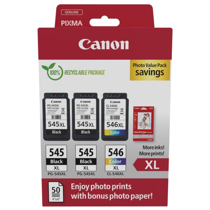 Canon PG-545XL/CL-546XL High Capacity 2 x Black & 1 x Tri-Colour Ink Cartridge & Photo Paper Multipack - (8286B015)