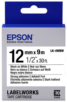 Epson C53S654016 Strong Adhesive Black on White Labelling Tape 12mm x 9m - (LK-4WBW)