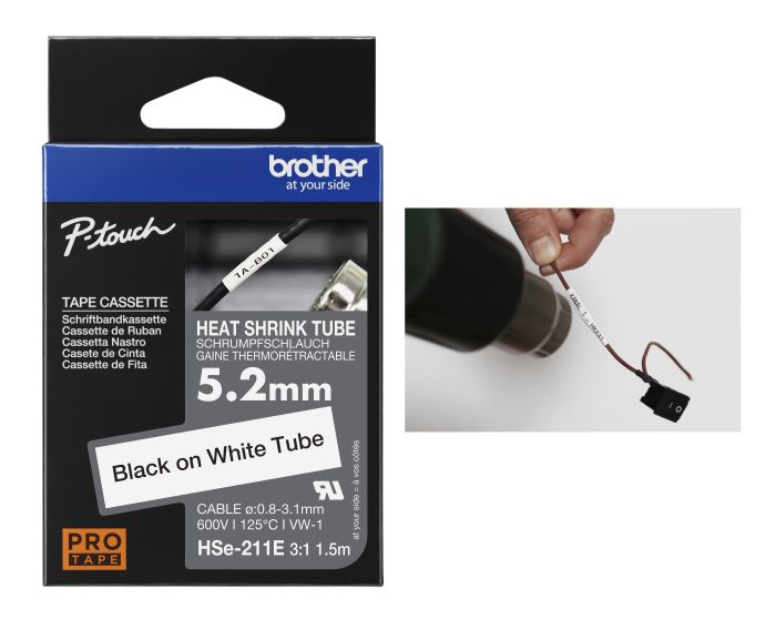 Brother HSE-211E Black On White Heat Shrink Tube Tape 5.2mm x 1.5m