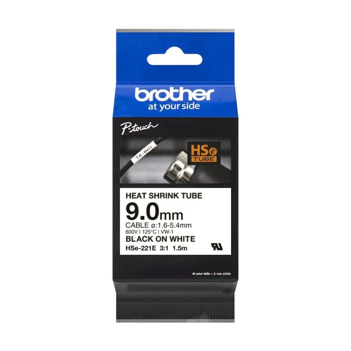 Brother HSE-221E Black On White Heat Shrink Tube Tape 9mm x 1.5m