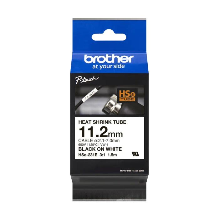 Brother HSE-231E Black On White Heat Shrink Tube Tape 11.2mm x 1.5m