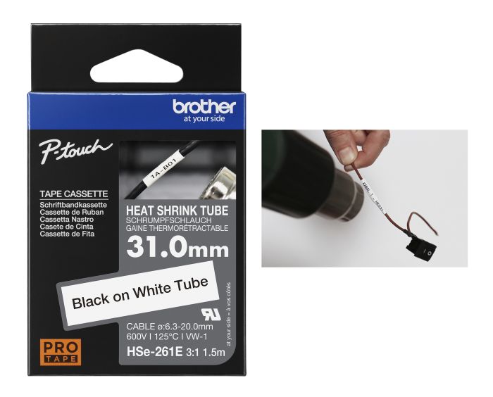 Brother HSE-261E Black On White Heat Shrink Tube Tape 31mm x 1.5m