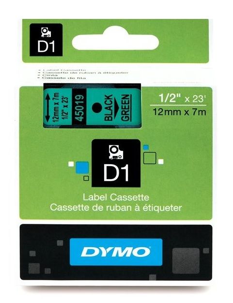 Dymo 45019 Black On Green D1 Labelling Tape 12mm x 7m (S0720590)