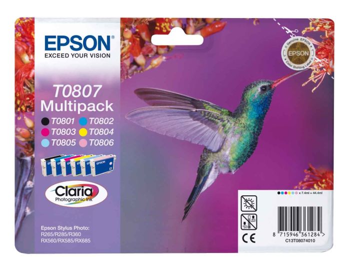 Epson T0807 6-Colour Multipack Ink Cartridge - (C13T080740 Hummingbird)