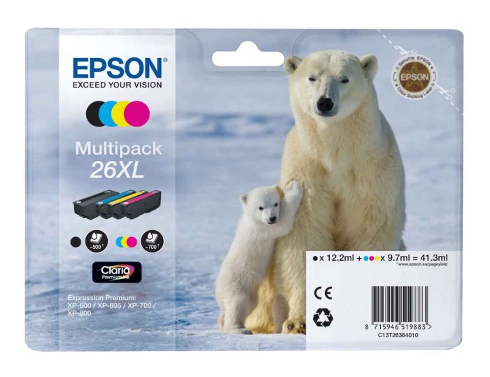 Epson 26XL 4 Colour High Capacity Ink Cartridge Multipack - (T2636 Polar Bear)