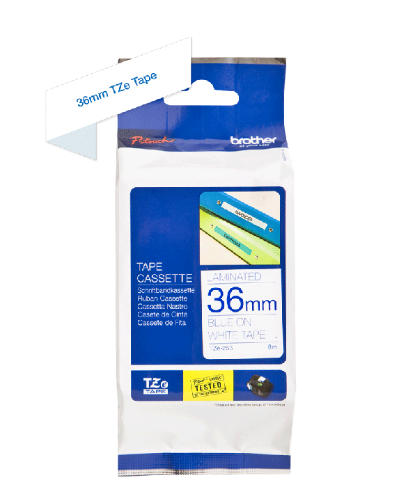 Brother TZe-263 Blue On White Laminated P-Touch Adhesive Labelling Tape 36mm x 8m