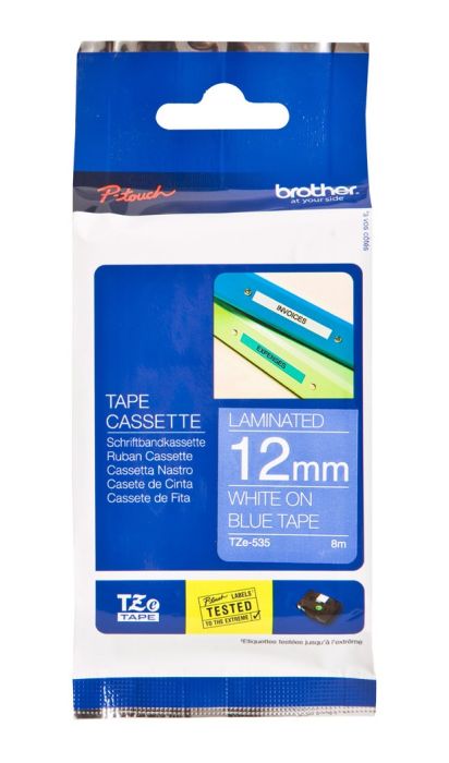 Brother TZe-535 White On Blue Laminated P-Touch Adhesive Labelling Tape 12mm x 8m