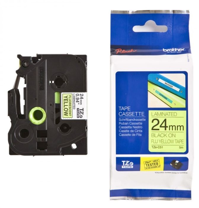 Brother TZe-C51 Black On Fluorescent Yellow Laminated P-Touch Adhesive Labelling Tape 24mm x 5m