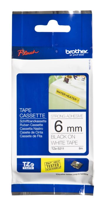 Brother TZe-S211 Black On White Strong Adhesive Laminated P-Touch Labelling Tape 6mm x 8m