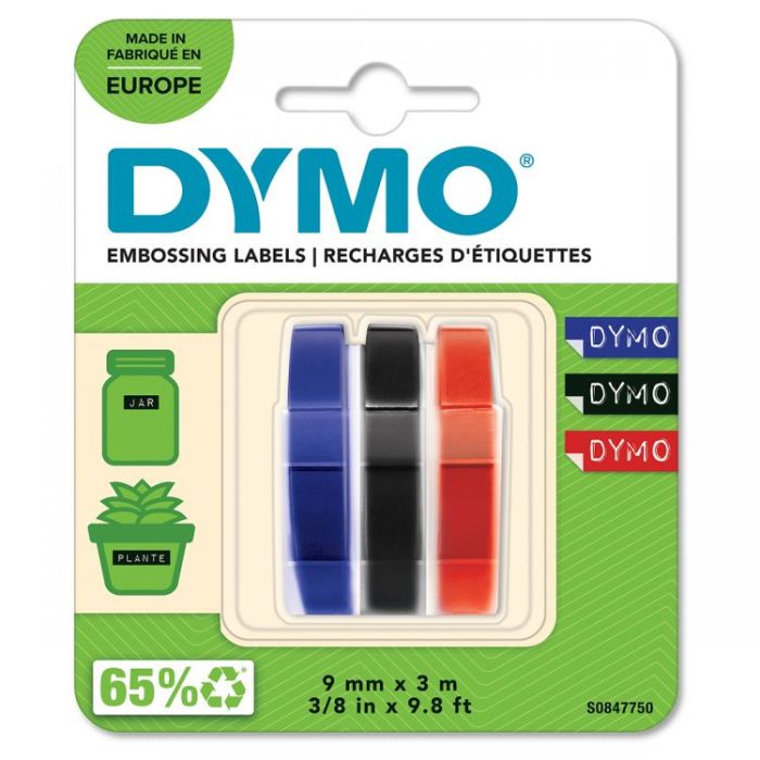 Dymo S0847750 Red, Black and Blue Adhesive Label Tape 3 Pack 9mm x 3m 