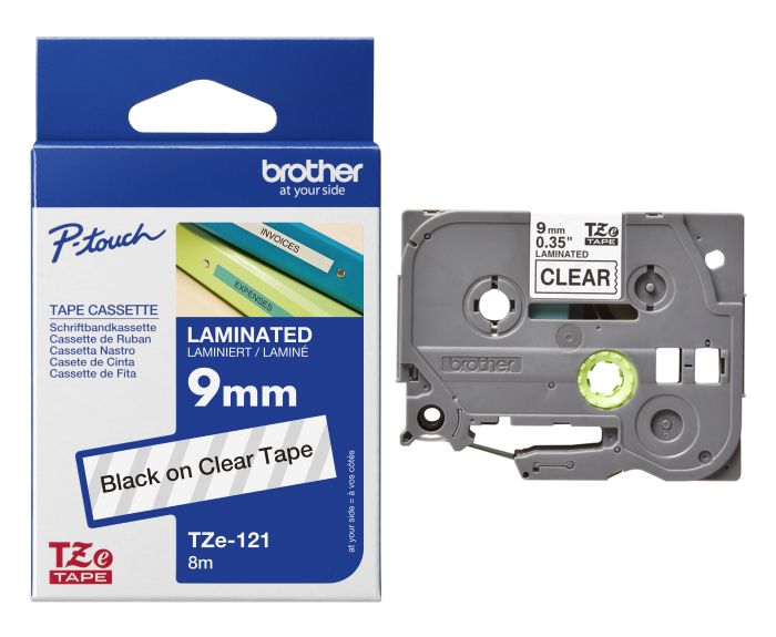 Brother TZe-121 Black On Clear Laminated P-Touch Adhesive Labelling Tape 9mm x 8m