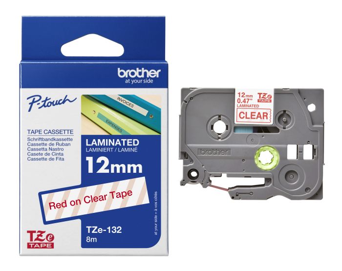 Brother TZe-132 Red On Clear Laminated P-Touch Adhesive Labelling Tape 12mm x 8m