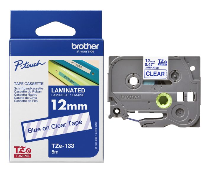 Brother TZe-133 Blue On Clear Laminated P-Touch Adhesive Labelling Tape 12mm x 8m